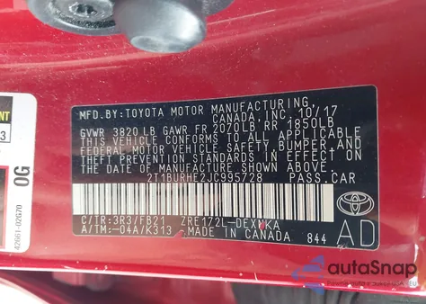 2018 Toyota Corolla Le z USA, uszkodzony, nr VIN 2T1BURHE2JC995728